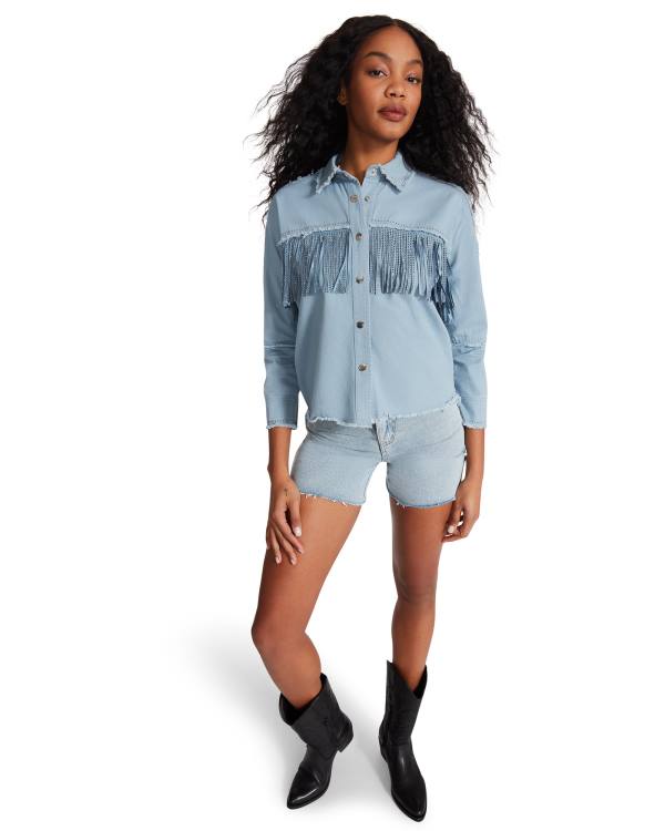 Najfatalniejszy Damskie Steve Madden Denim Fringe Button Up Niebieskie | SM-504QK