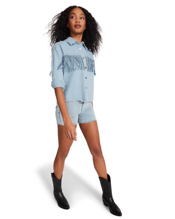 Najfatalniejszy Damskie Steve Madden Denim Fringe Button Up Niebieskie | SM-504QK