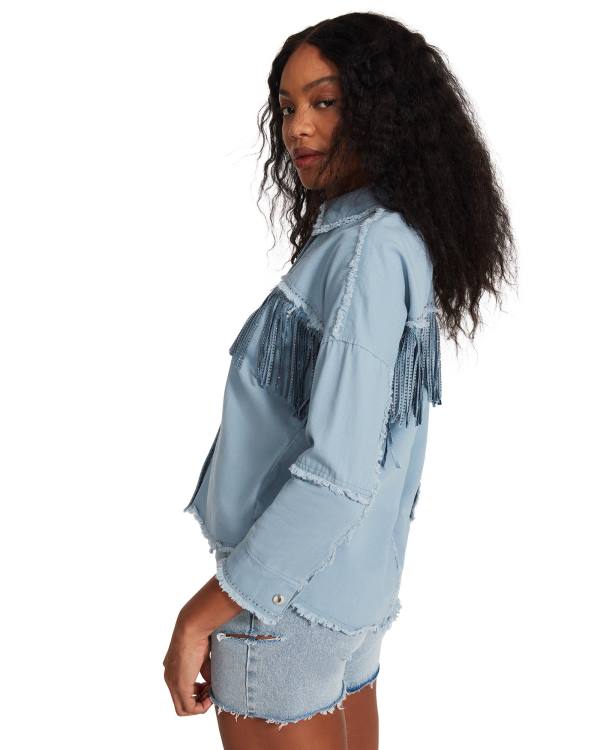 Najfatalniejszy Damskie Steve Madden Denim Fringe Button Up Niebieskie | SM-504QK