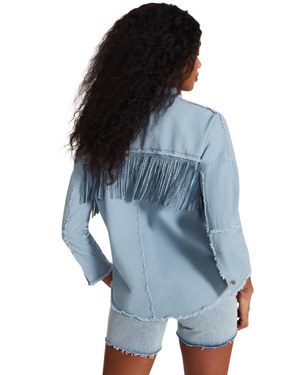 Najfatalniejszy Damskie Steve Madden Denim Fringe Button Up Niebieskie | SM-504QK