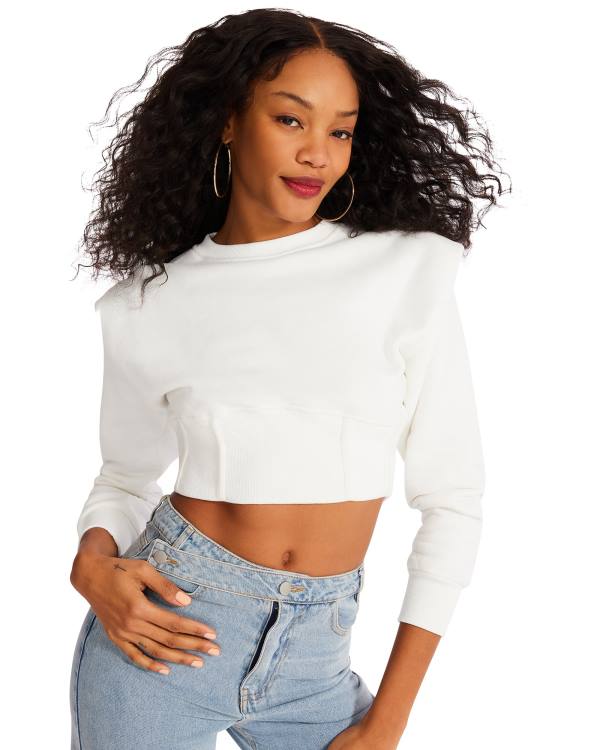 Najfatalniejszy Damskie Steve Madden Shoulder Pad Crew Neck Białe | SM-890OZ
