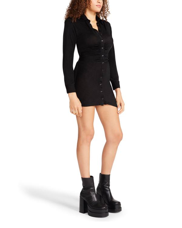 Sukienki Damskie Steve Madden Long Sleeve Button Up Czarne | SM-351HW