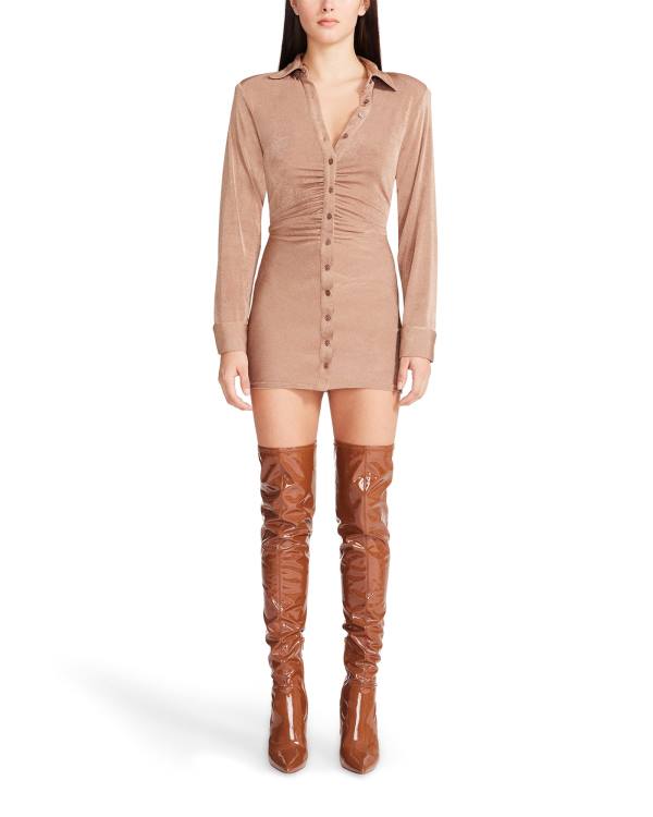 Sukienki Damskie Steve Madden Long Sleeve Button Up Camel Fabric Brązowe | SM-390SR
