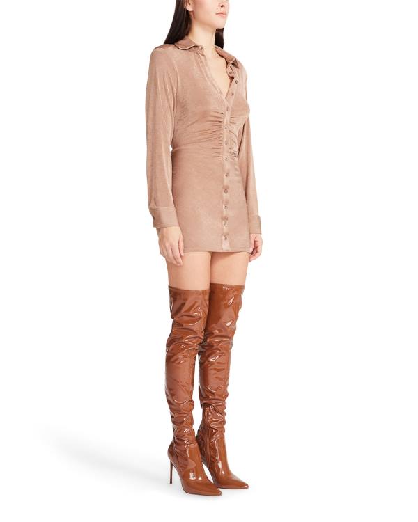 Sukienki Damskie Steve Madden Long Sleeve Button Up Camel Fabric Brązowe | SM-390SR