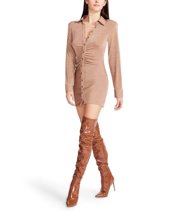 Sukienki Damskie Steve Madden Long Sleeve Button Up Camel Fabric Brązowe | SM-390SR