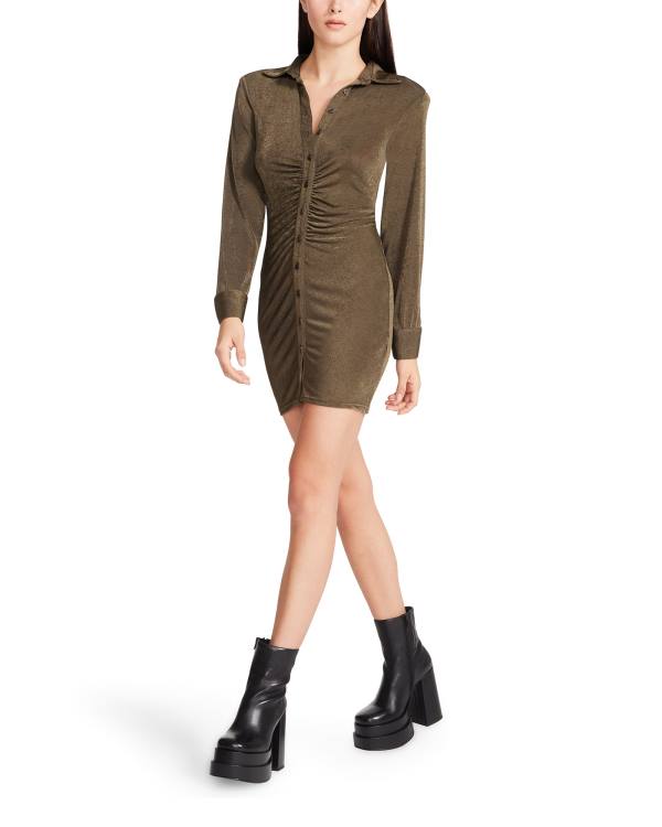 Sukienki Damskie Steve Madden Long Sleeve Button Up Oliwkowe | SM-678TQ