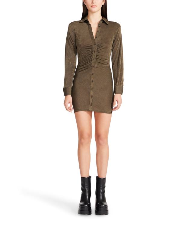Sukienki Damskie Steve Madden Long Sleeve Button Up Oliwkowe | SM-678TQ