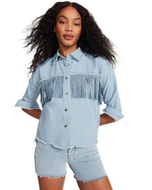 Najfatalniejszy Damskie Steve Madden Denim Fringe Button Up Niebieskie | SM-504QK