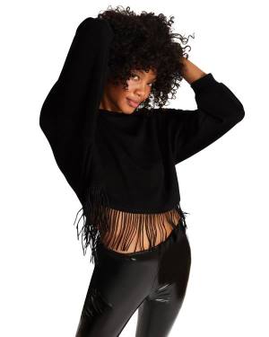 Najfatalniejszy Damskie Steve Madden Fringe Crew Neck Czarne | SM-362VQ